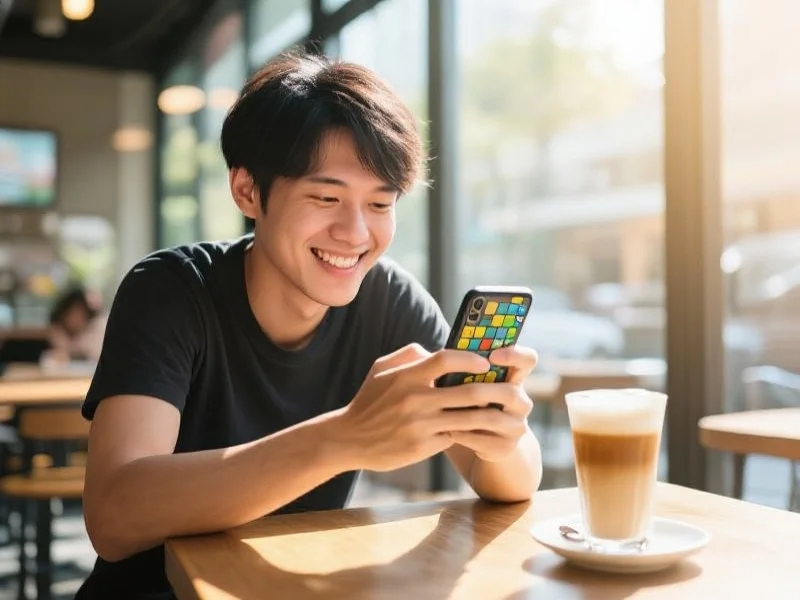 一个人在咖啡馆里轻松地玩着手机上的休闲益智游戏