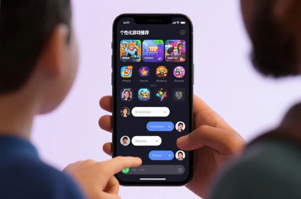 APP界面展示个性化游戏推荐和社交互动功能，屏幕上有多个游戏图标和聊天窗口，用户正在与好友互动